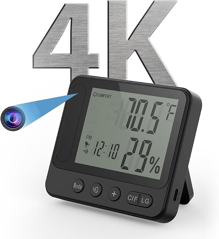 Termómetro Higrómetro con Cámara WiFi de Seguridad Oculta 4K HD, Compatible con 2,4G/5G | Cámara inalámbrica con control remoto de aplicación de teléfono, visión nocturna y detección de movimiento, alerta de temperatura y humedad y despertador
