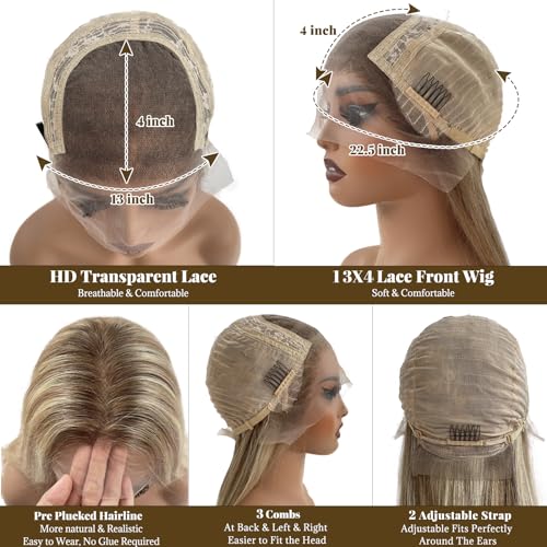 Image of Belaved Ombre Blonde Lace Front Wig, Human Hair, 13x4 Highlights Ash Brown to Blonde, 150% Density Straight 30 Inch HD Lace Frontal Wig for Women, Pre-Plucked With Baby Hair