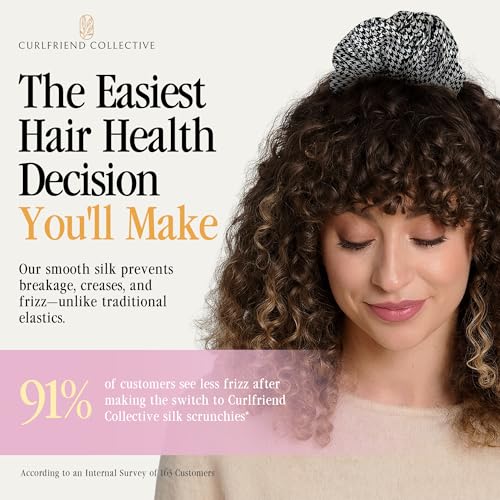 Image of Curlfriend Collective Houndstooth XL Silk Scrunchie - 100% 22 Momme Mulberry Silk Hair Tie for Curly, Coily & Thick Hair - Gentle Hold, Extra Stretch, Stylish & Snag-Free