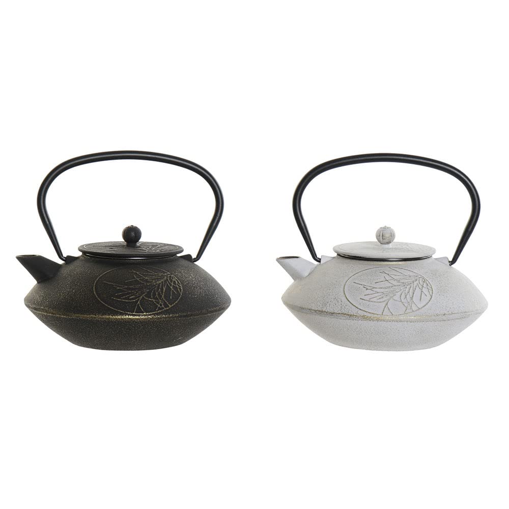 DKD Home Decor - Tetera De Gres Blanca Con Acabado Madera, Capacidad 1 Litro, Aptas Para Todo Tipo De Cocinas (Excepto Inducción)