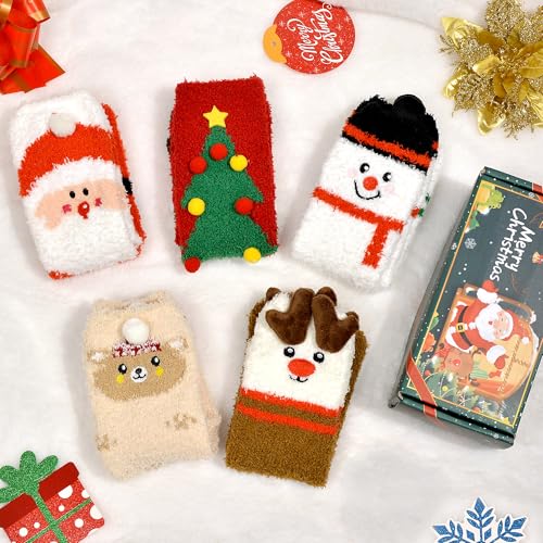 Gofriipai 5 Pairs Fuzzy Christmas Socks for Women Girls with Box, Stocking Stuffers, Cute Fun Soft Thick Cozy Fluffy Winter Warm Slipper Xmas Holiday Socks - image 3
