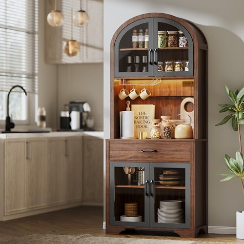 Image of 75 inch Arched Kitchen Pantry Cabinet with Charging Station & LED Light, Tall Coffee Bar Liquor Cabinet, Modern Kitchen Hutch with Microwave Stand & Adjustable Shelf for Dining Room