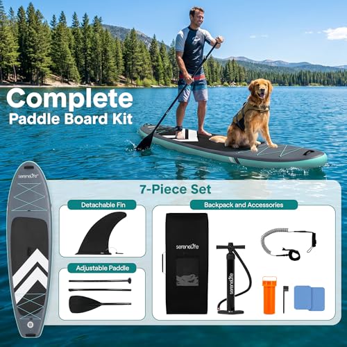 Image of SereneLife 10' Inflatable Stand Up Paddle Board with Premium SUP Accessories - Wide Stable Design with Non-Slip EVA Deck Pad, for Youth and Adults, 350 lbs. Capacity