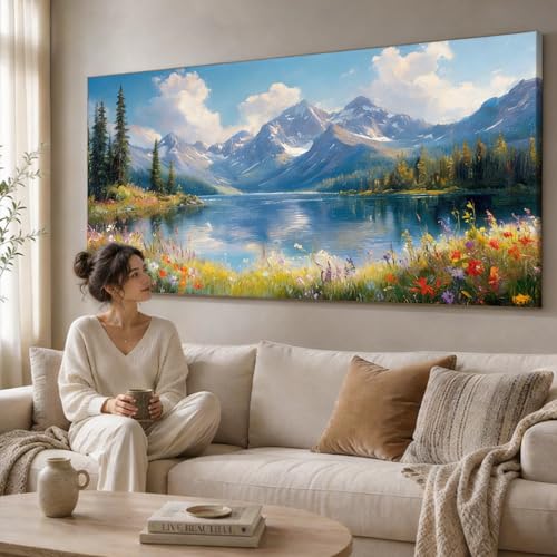Inzlove Large Canvas Wall Art for Living Room 58" L x 29" W - Snow Mountain Landscape Painting, Natural Lake Scenery Pictures Canvas Print, Meadow Wildflowers Nature Scenic Artwork for Bedroom — view 2