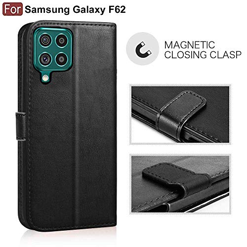 Image of CEDO Flip Cover for Samsung Galaxy F62 (4G) | Leather Finish | Inside Pockets & Inbuilt Stand | Shockproof Wallet Style Magnetic Closure Back Case Flipcover (Black)