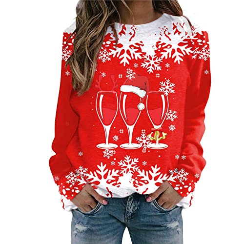 YHEGHT Suéter feminino de Natal com manga comprida e gola redonda moda casual inverno outono básico,
