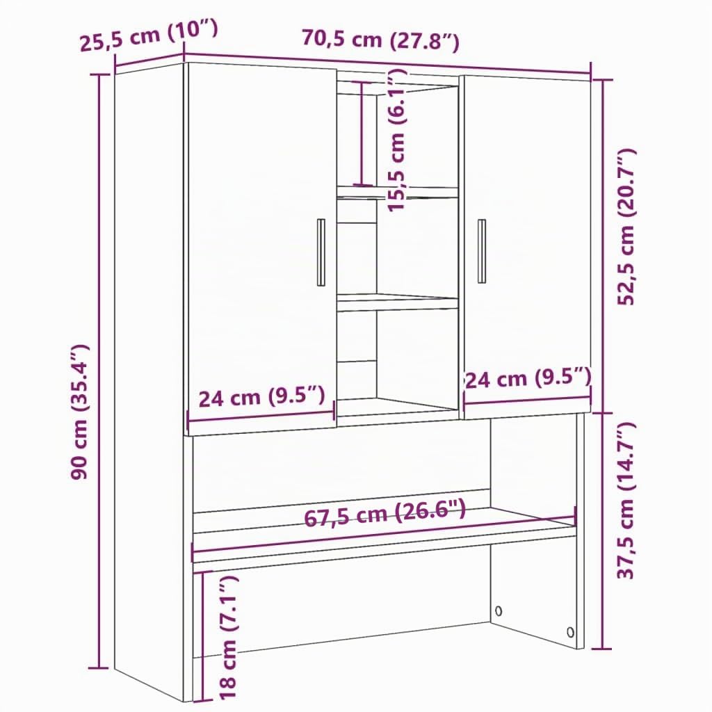 Armario de Lavadora vidaXL Gris Hormigón 70,5 x 25,5 x 90 cm, Mueble de Lavadora, Mueble de lavandería, Armario de baño