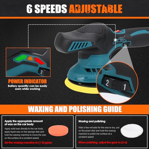 Draadloze bufferpolijstmachine compatibel met Makita 18V batterij, 6 inch auto-polijstmachine met 12 stuks hulpstukken, 2500-5000 RPM 6 variabele snelheid, polijstmachines voor automatische detailing - Afbeelding 3
