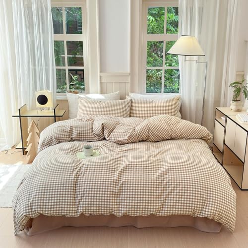 Image of LifeTB Queen Comforter Set Tan Gingham Comforter Modern Style Beige Plaid Comforter Set 3 Pieces Fluffy Grid Checkered Comforter with 2 Pillowcases Boho Gingham Bedding Set Queen Size