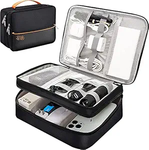 House of Quirk Electronics Travel Organizer, Double Layer Cable Organizer Bag Watreproof Electronics Accessories Storage Bag for Cord, Charger, Phone, Power Bank, Hard Drive (Black)