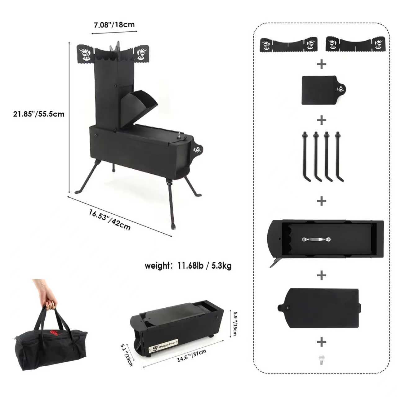 Poêle à fusée portable pliable avec brûleur à bois pour la cuisine en plein air, pique-nique, barbecue, chasse, pêche, en fonte d'acier - Avec sac de transport
