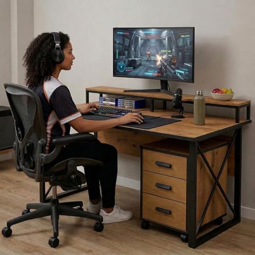Image of FFO Wooden Gaming Desk with 3-Drawer Mobile Cabinet | Large Computer Table for Gaming & Home | Study & Workstation Desk with Sturdy Metal Frame | DIY Assembly | Oak Finish (150x60x75 cm, Brown)
