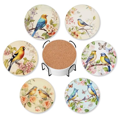 6 Pcs Drink Coasters with Holder Vintage Watercolor Bird Flower Absorbent Round Ceramic Coaster for Tabletop Protection for Coffee Cup Beverage Coasters Wine Beer Bar