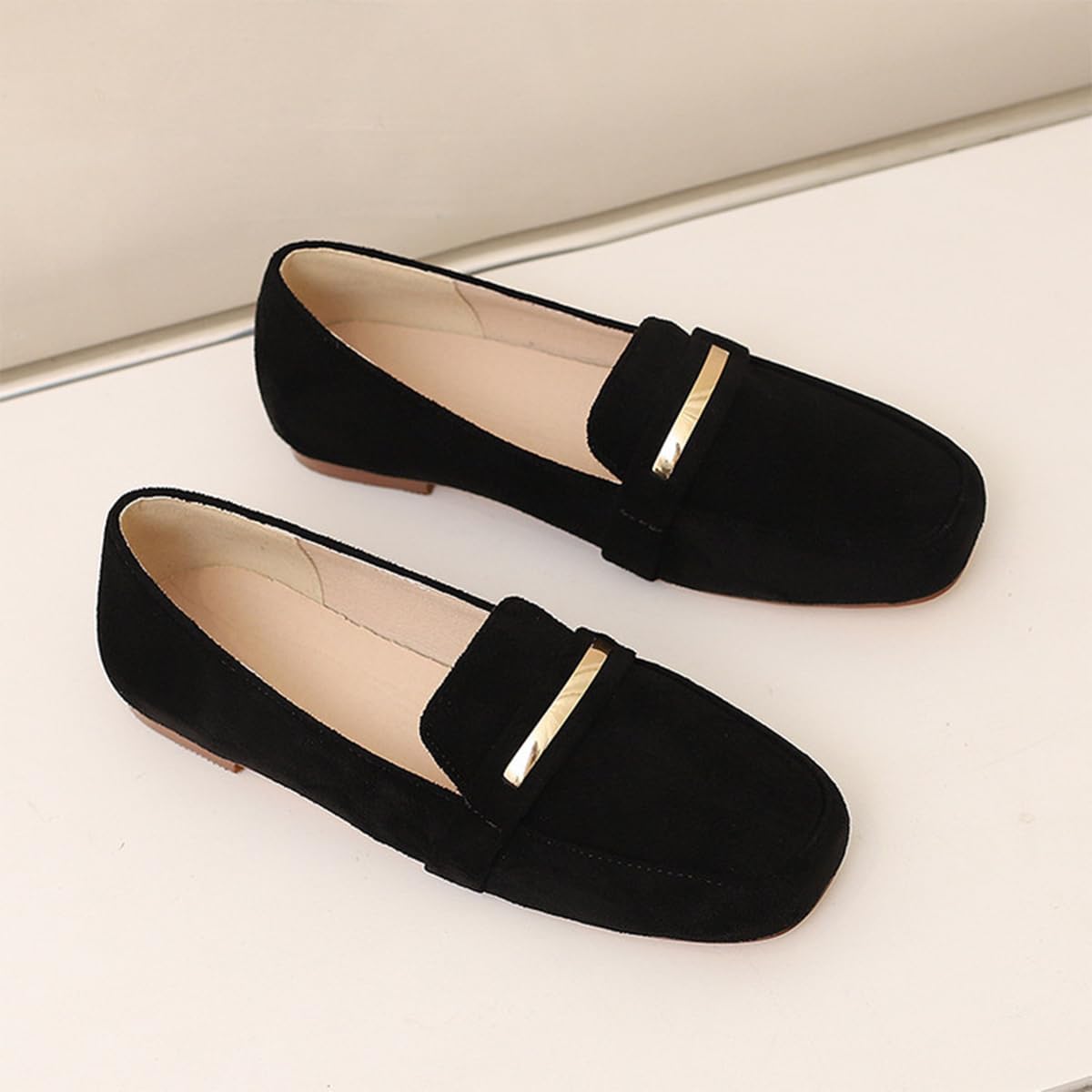 Mocasines Barra Metal Oro Mujer Ante Punta Cuadrada Planos Slip-On