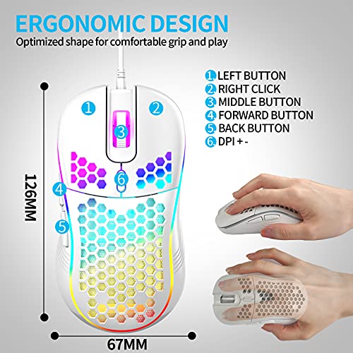 Honeycomb Wired Gaming Mouse, Rgb Backlight And 7200 Adjustable Dpi, Ergonomic And Lightweight Usb Computer Mouse With High Precision Sensor For Windows Pc & Laptop Gamers (White) #TOP5