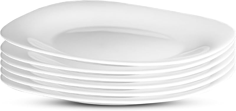 Parma Set Of 6 Appetizer, Salad and Dessert plates, 7.75 Inch Tempered Opal Glass, Clean White, Linear & Curved Design, Dishwasher Safe, Made In Spain.