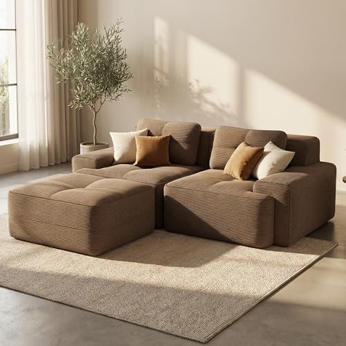 GRAVFORCE Ecksofa Schlafsofa, 204 cm breit modulares Sofa mit breiter & tiefer Sitzfläche, Cordstoff Velours, Ohne Montage für Schlafzimmer & Wohnzimmer (Braun, 2-Sitzer mit 1 Ottomane)