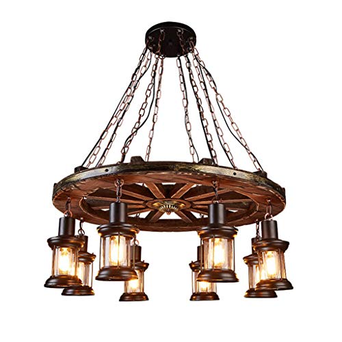 ZH-VBC 8-Lights Retro Holz Hängende Lampe, Runde Wagenrad Hängeleuchte, Glas Metall Personalisierte Dekorative Kronleuchter, für Das Kitchen Bar Billard Coffee Shop Restaurant, E27 Cover