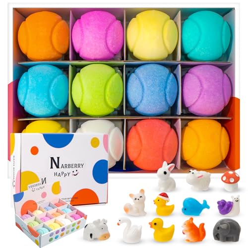 Bath Bombs for Kids With Surprise Inside, 12 Pack Tennis Balls Shape, Natural and Organic Colorful Bubble Bath Fizz Bomb, Handmade for Birthday Gift