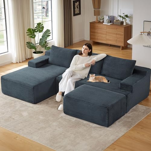 Image of 96.1 inch Modular Sectional Sofa with Ottoman, Modern Corduroy Cloud Couch, Boneless Couch Upholstered 3-Seater U-Shaped Sofa for Living Room, No Assembly (Dark Grey, Right-Facing Chaise)