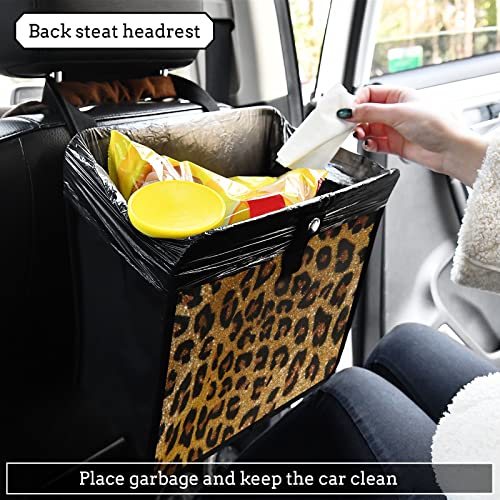 Image of Brown Leopard Print Car Trash Can, Foldable Hanging Car Trash Bag, Cheetah Golden Glitter Animal Skin Small Waterproof Car Accessories Garbage Bin