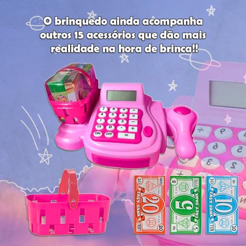 Caixa Registradora Infantil Calculadora Real Grande Cesta Mercadinho Supermercado Brinquedo Com Luz