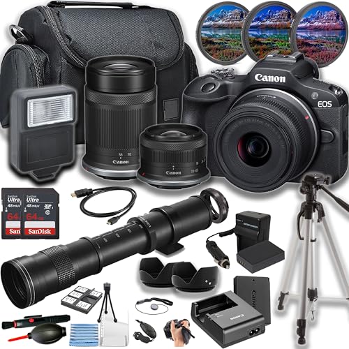 Canon EOS R100 Mirrorless Camera + 18-45mm, 55-210mm & 420-800mm Lens+ LED Light + 128GB Memory + Lenses + Filters + Case + Added Power, and More (30pc Bundle) (Renewed)