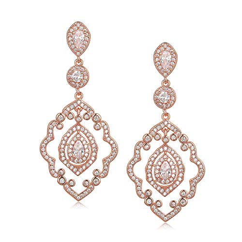 SWEETV Chandelier Wedding Earrings Rose Gold Bridal Earrings for Women Brides-Art Deco Drop Dangle Earrings