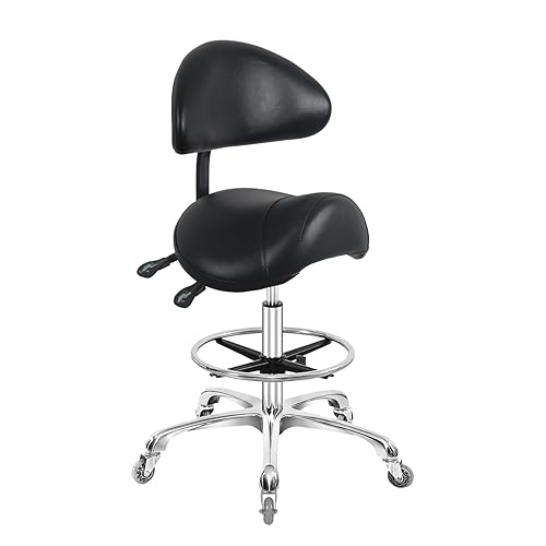 Saddle Stool Chair with Back Support Footrest, Heavy-Duty(350LBS), Hydraulic Rolling