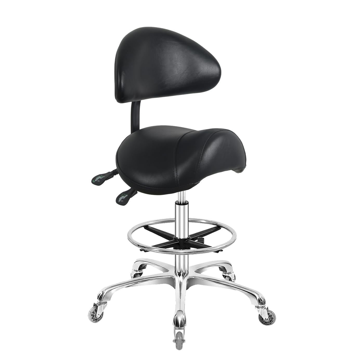 Tabouret de selle hydraulique pivotant réglable avec support dorsal et repose-pieds, résistant 158,8 kg, noir
