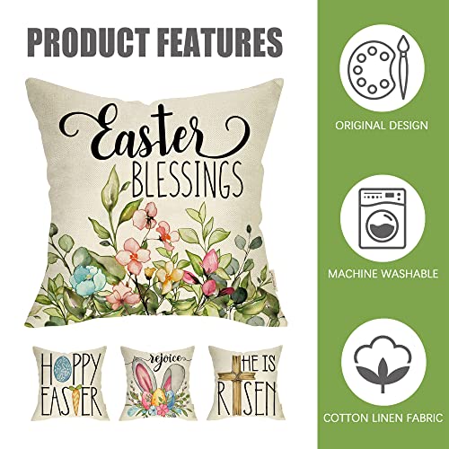 Fahrendom Happy Easter Eggs Bunny Decorative Throw Pillow Cover 18X18 Set Of 4, Religious Rejoice Rabbits Carrot Flower Blessings Outdoor Pillowcase, He Is Risen Cross Floral Cushion Case Home Decor #TOP2