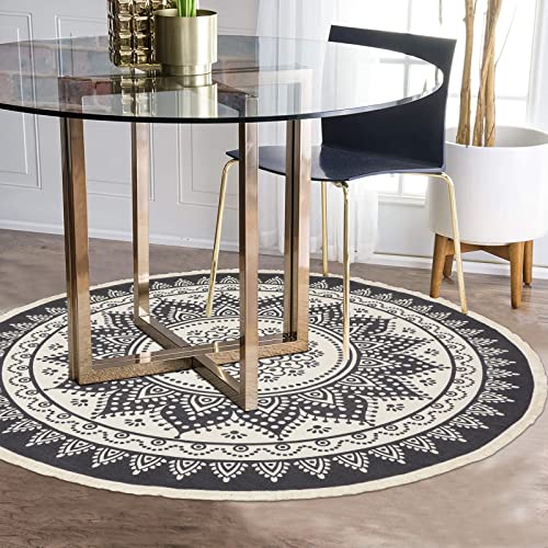 Hebe Cotton Round Area Rug 4' Hand Woven Cotton Area Rug With Tassels Fringe Washable Chic Bohemian Mandala Indoor Throw Rugs For Living Room Bedroom,Mandala-Grey #TOP1
