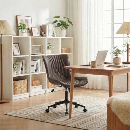 Image of YOUNIKE Office Chair Brown, Armless Desk Chair with Wheels, Home Office Task Chairs, Modern Faux Leather Upholstered Adjustable Swivel Rocking Chair with Back