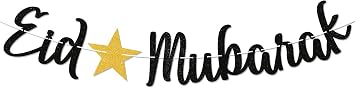 Eid Mubarak Banner - Muslim Islam Ramadan Mubarak Decor, Eid Al-fitr Festival Celebration Garland Party Decorations Black Glitter