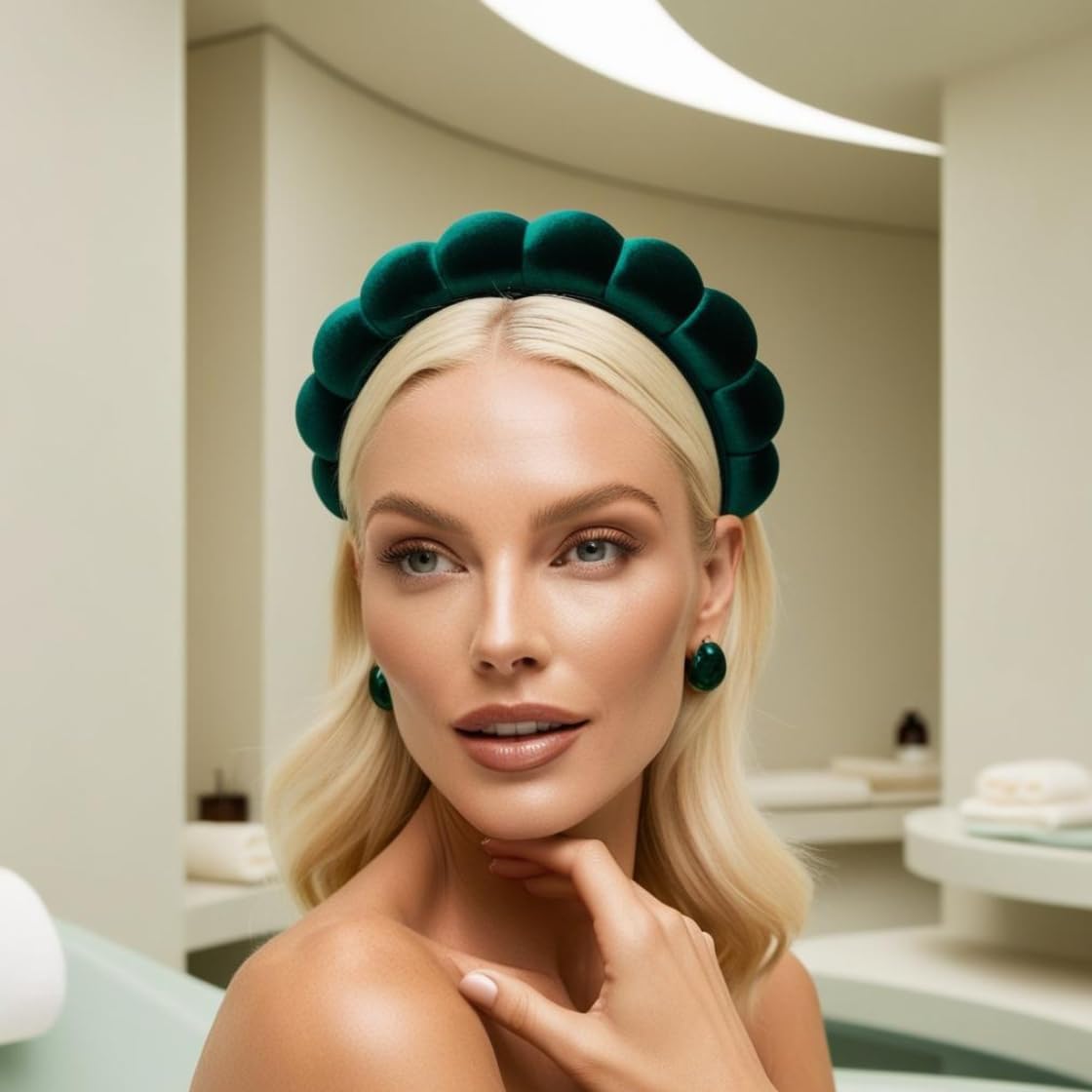 Bottega della Principessa-Cerchietto in Velluto Bombato-Cerchietto Skin Care virale Tik Tok per Beauty routine, Trucco, Spa-con astuccio in organza (Verde smeraldo, 1 unità (Confezione da 1))