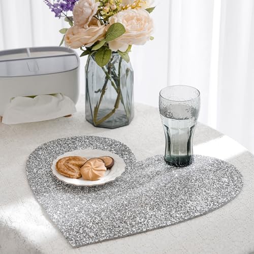 Cumouna 115-001-PLACEMATS Silver Placemat, Sparkle Glitter Rhinestones Table Mat Crushed Diamond Heart Shape Table Placemat 15Inch cover