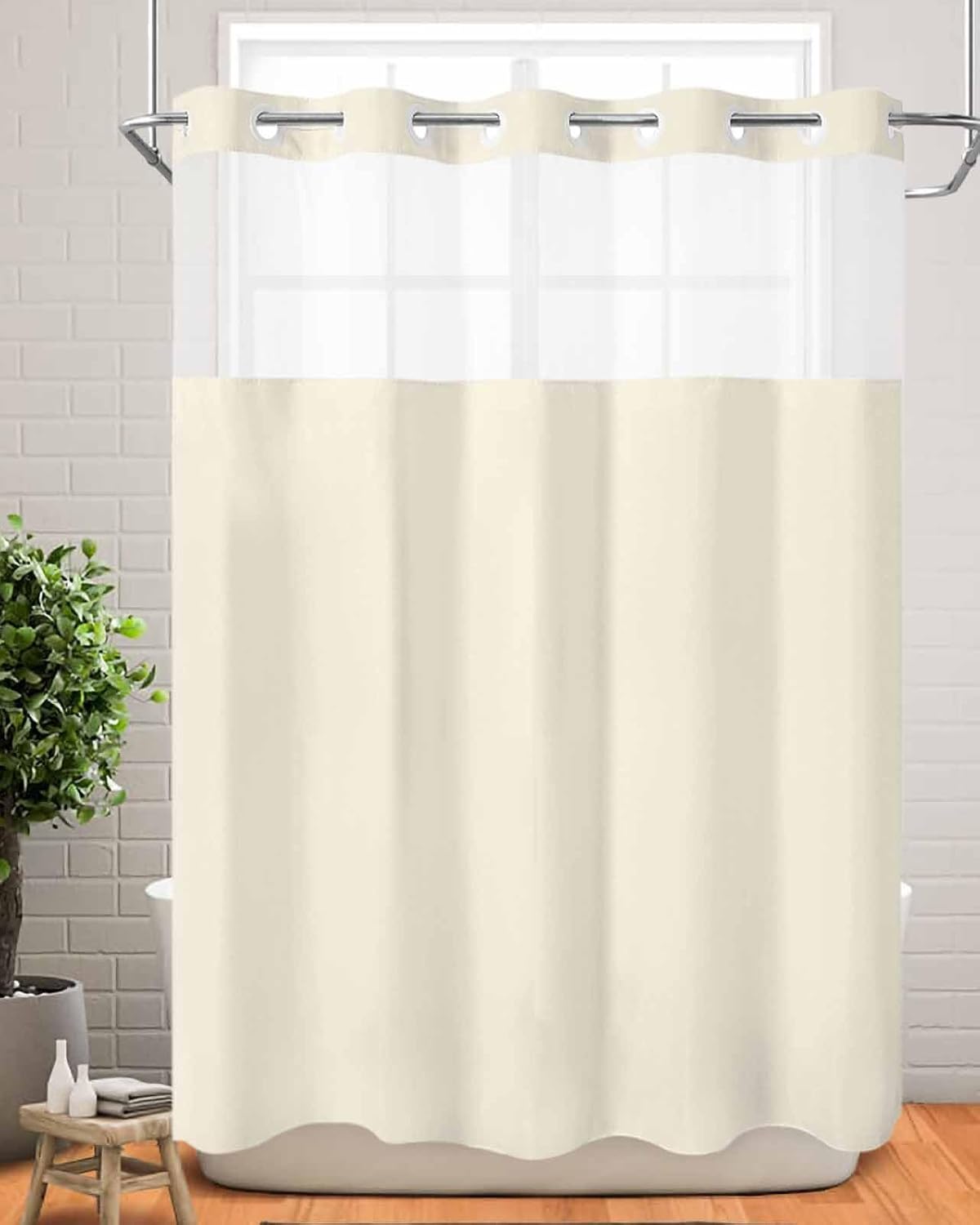 Colored No Hook Shower Curtain with Snap in Liner, Cream Colour Bath Curtain with See Through Top Window Double Layer Waterproof Bath Decorative 48" x 72"