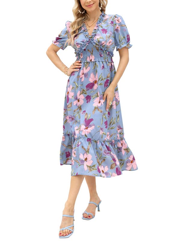 Sommer Lang Kleid V-Ausschnitt Kurzarm Blumen Maxikleid A-Linie Sommerkleid...