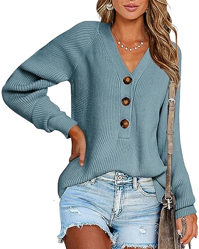 BTFBM Women Long Sleeve V Neck Button Down Sweater Solid Color Ribbed Knit Sweater Casual Relaxed Fit Pullover Jumper