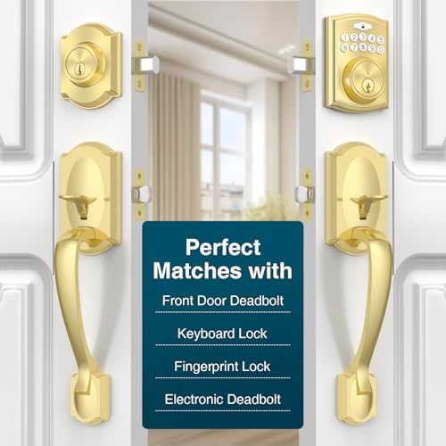 Image of Front Door Handle, Gold Exterior Door Handle with Passage Lever, Vintage Front Entry Door Handle No Lock, Reversible for Left & Right Handed Doors, Lower Half Grip, Satin Brass