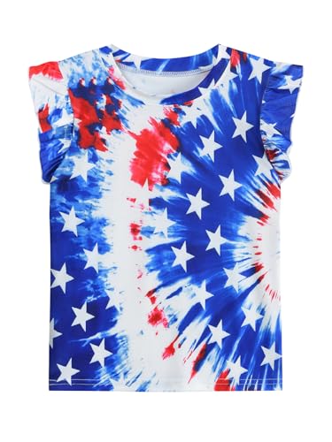 Image of Toddler Girls July 4th Shirts American Flag Ruffle Short Sleeve Patriotic Red White Blue Star Outfits Blouse Tops