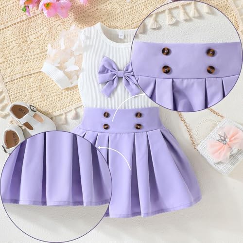 Image of Girls Summer Outfits Toddler Mesh Short Sleeve Ribbed Knit Top Mini Skirt Set Kids Clothes 2-7 Years(Purple, 2-3T)