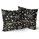 Giwawa 20'x20' Happy New Year Pillow Covers, 2 PCs Winter Snowflake Firework Black Gold Throw Pillowcases with Colorful Stars, Christmas Ball Cushion Cover for Sofa Couch Car Bed Home Xmas Decor