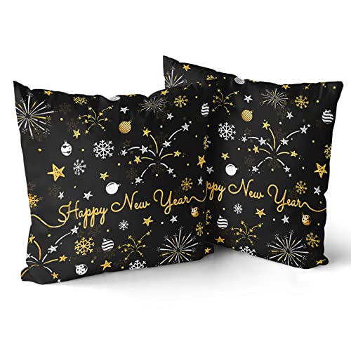 Giwawa 2 PCs Happy New Year Pillow Covers 16"x16" Winter Snowflake Firework Throw Pillowcase with Colorful Star Christmas Ball Square Black Gold Cushion Cover for Sofa Couch Car Bed Home Xmas Decor