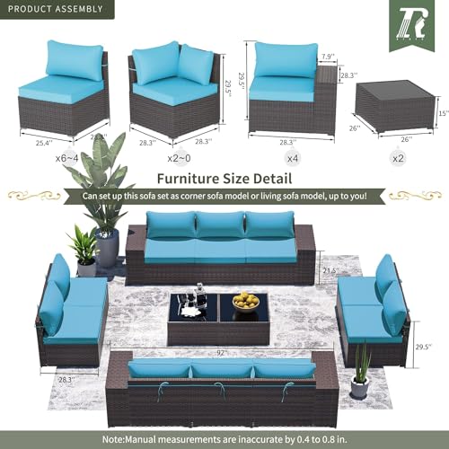 Image of 12 PCS Outdoor Patio Furniture Set,Outdoor Sectional Furniture All Weather PE Rattan Wicker Patio Conversation Set with 2 Coffee Tables and 10 Thickened Cushions,Turquoise Blue