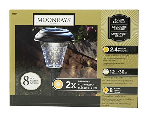 Moonrays 91381 Payton Solar LED Plastic Path Light, 2X-Brighter, Hammered Glass Look, provides 360 Display of Warm LED Lighting, Emits 2.4-lumens, 12-inch area of illumination, 8-Pack