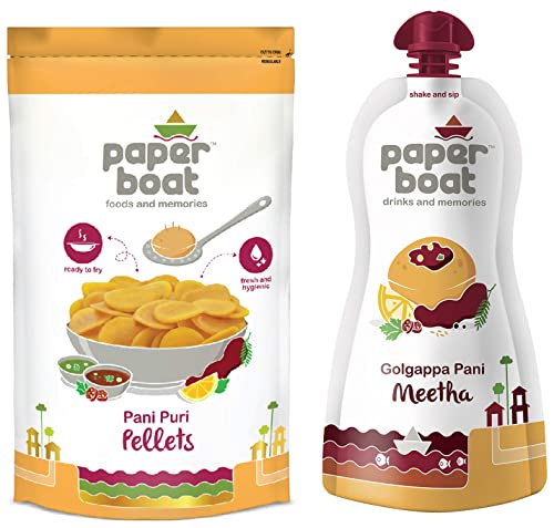Image of Paper Boat Pani Puri Pellets, Ready to Fry, No Added Colours and Preservatives (400g) + Golgappa Pani Meetha, Ready to Drink or with Pani Puri, No Added Preservatives and Colours (Pack of 6, 200 ml)