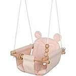 Monkey & Mouse Baby Swing, Pale Pink Indoor Outdoor Portable Hanging Chair - Infant & Toddler Kids 6 Months - 4 Years, Cotton Canvas & Beech Wood Frame, Sensory Hammock Boy & Girl Seat w/Wooden Toys