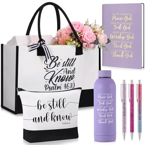 7 Pcs Christian Gift for Women Faith, Inspirational Religious Christmas Gifts, Catholic Tote Bag Makeup Bag Pens
