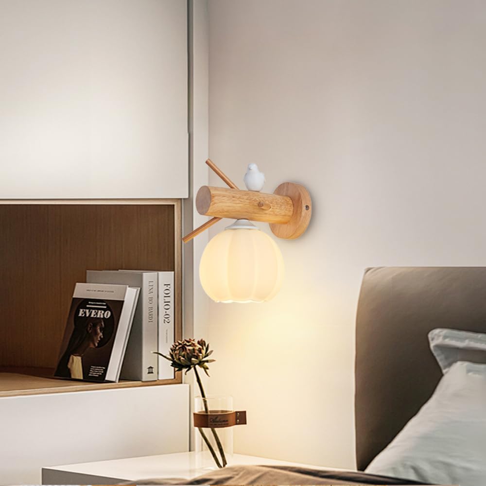 Drewniana lampka nocna, lampa ścienna w kształcie gałęzi ze szklanym kloszem, dekoracyjna lampa w kształcie ptaka, gniazdo E27, nowoczesna designerska lampa ścienna do sypialni o
